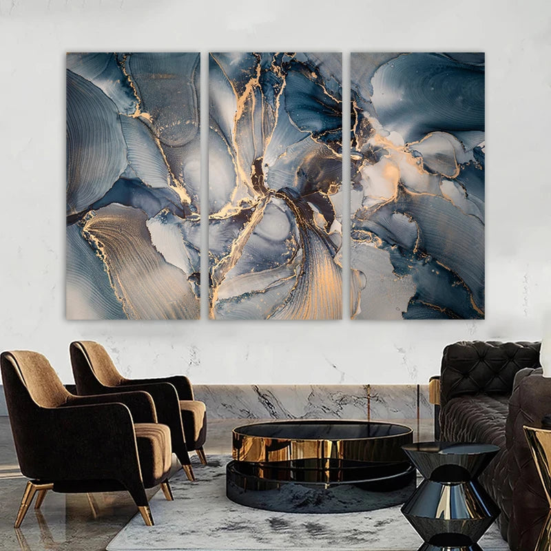 3 Panels Abstract Golden Blue Canvas Paintings