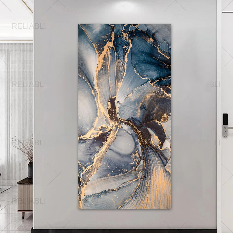 3 Panels Abstract Golden Blue Canvas Paintings